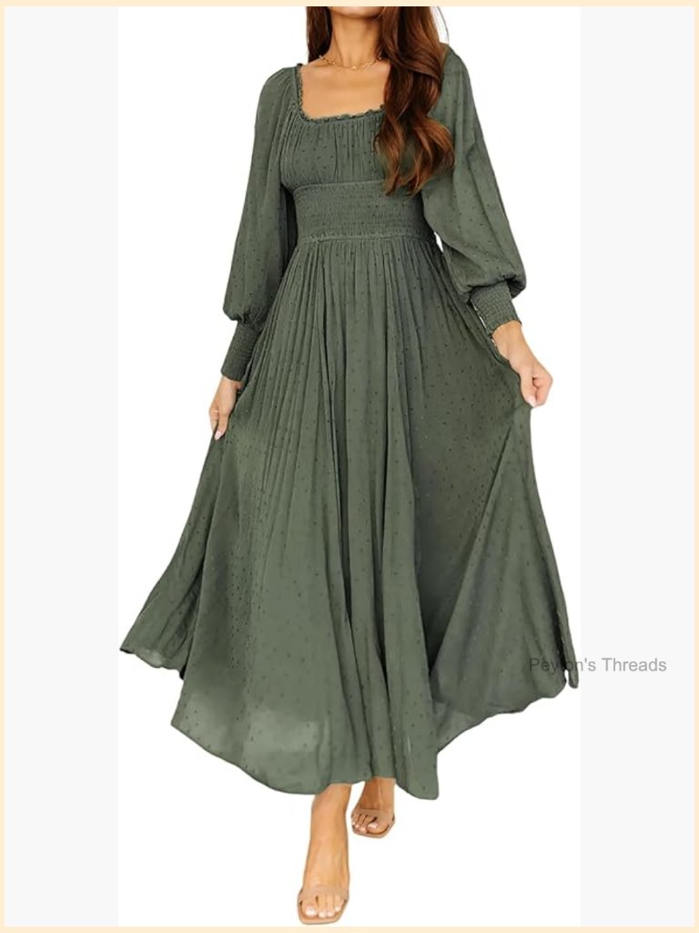 Long Sleeve Maxi Dress Square Neck Swiss Dots Flowy A-Line
